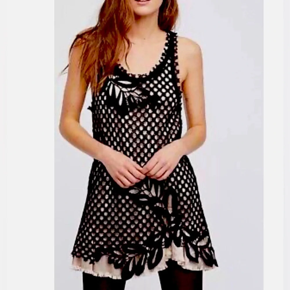 RARE Free People Crochet Black Mini w/ Nude Slip - Picture 1 of 7